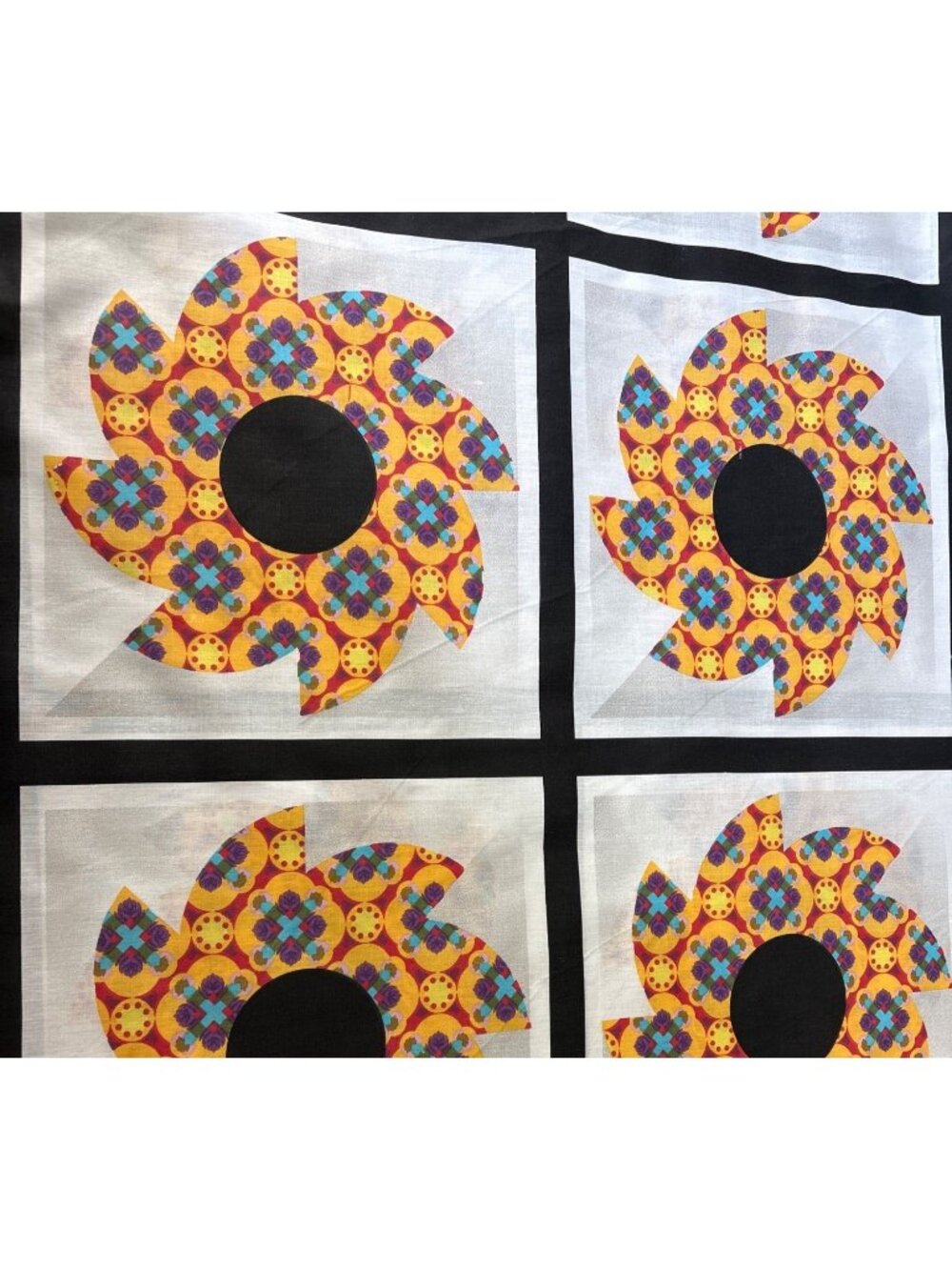 Cheater Quilt Top Pinwheel Cotton Fabric 1 yard x 92" Black Yellow Multicolor